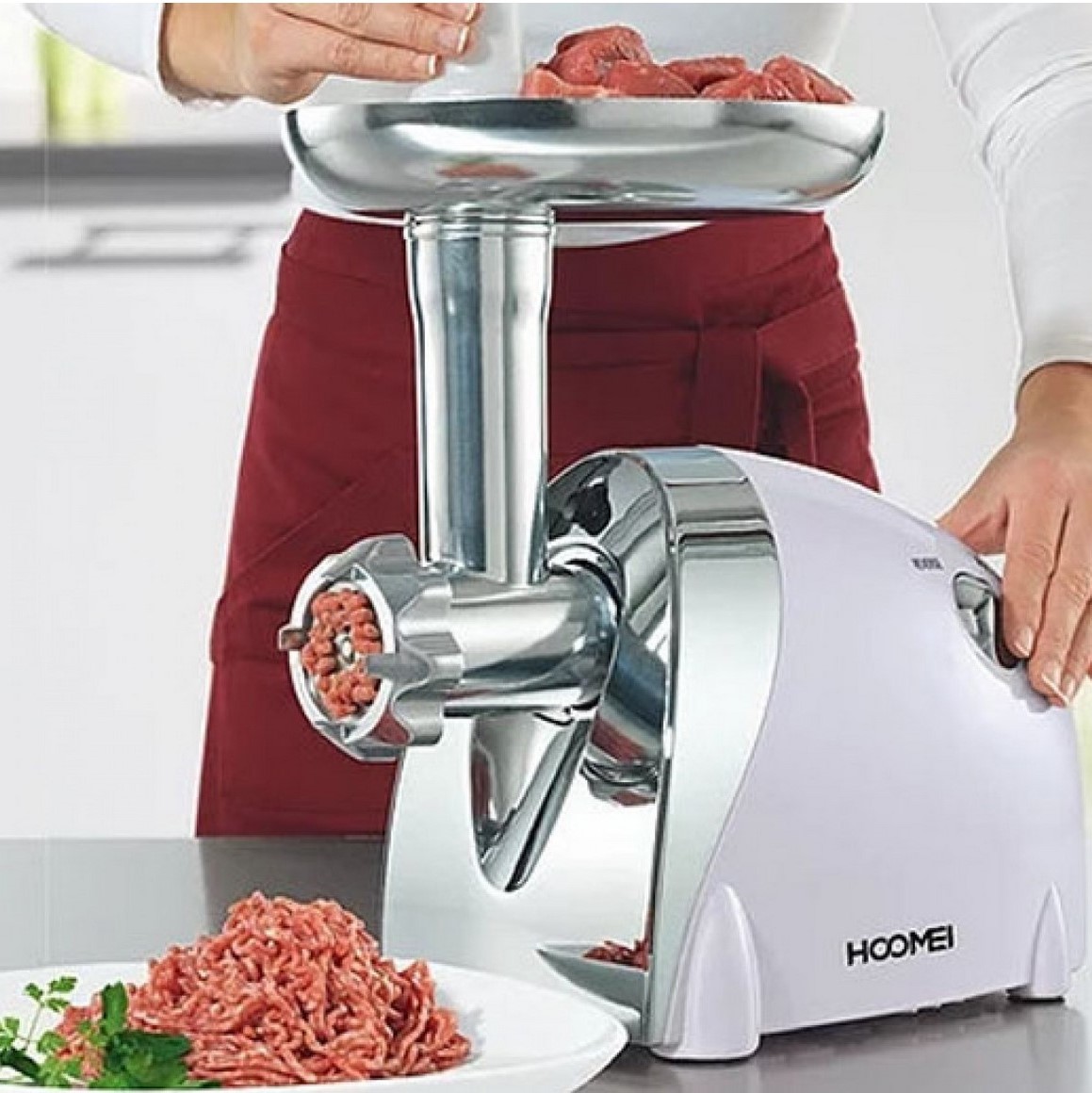Hoomei® Ηλεκτρική Μηχανή Άλεσης Κιμά & Παρασκευής Λουκάνικων 1200W με 3 Δίσκους Κοπής HM-6266 Λευκή